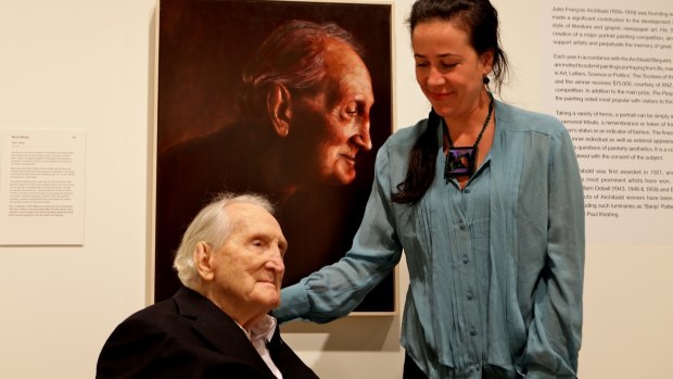 Tom Uren in July, 2014, with his Archibald Prize portrait and its artist, Mirra Whale.