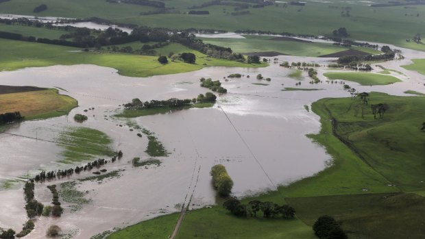 Flooded paddocks along the Drysdale Creek, north of Warrnambool, earlier this month.