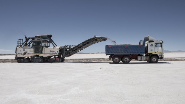 A lithium mine in Uyuni Salt Flats, Bolivia. Bolivia has the largest lithium deposits of any country, which are estimated to be about half of the world's supply. 