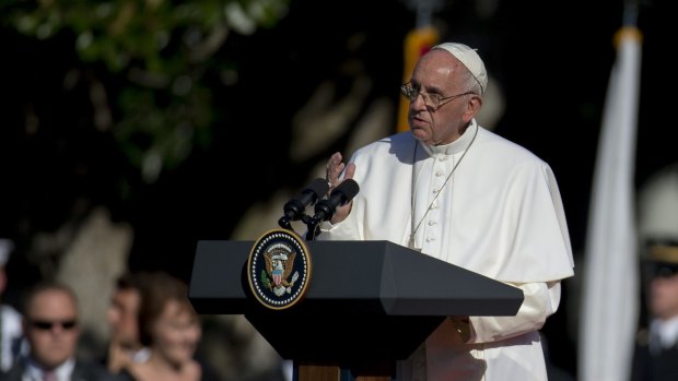 Pope Francis speaks during an arrival ceremony with US President Barack Obama, not pictured, on the South Lawn of the White House in Washington, DC.