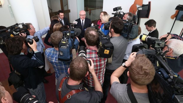 Attorney-General Senator George Brandis addresses the media at Parliament House on Thursday. 
