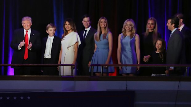 President-elect Donald Trump and his family arrive at his election night rally.