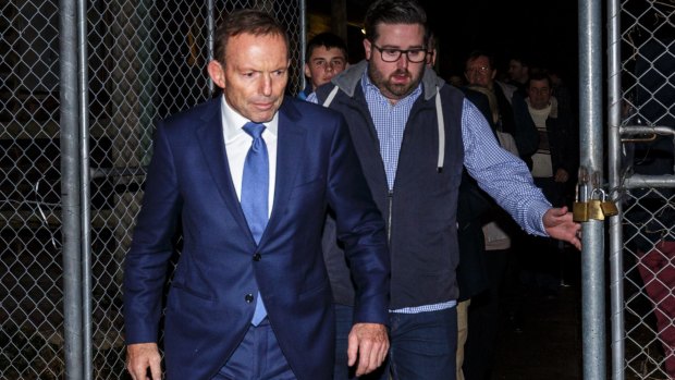 Tony Abbott outside the branch meeting of federal MP Michael Sukkar, in Croydon, Melbourne on Monday. 