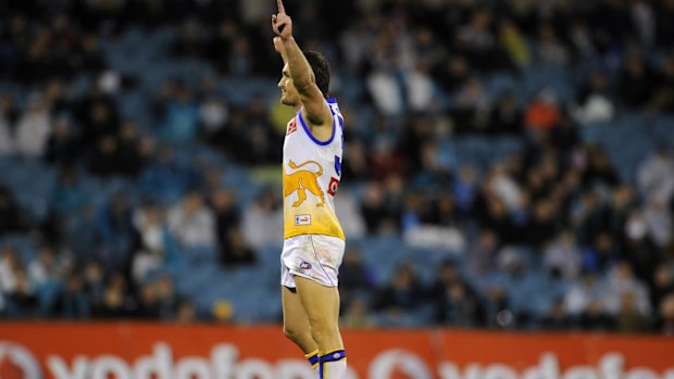 AFL, Football, Round 4, Port Adelaide vs Brisbane Lions at AAMI stadium.  Daniel Bradshaw celebrates late goal. Saturday 12th April 2008. THE SUNDAY AGE SPORT. Picture by DAVID MARIUZ