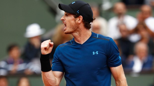 Andy Murray celebrates victory after his men's singles third round match against Juan Martin Del Potro during day seven of the French Open at Roland Garros.