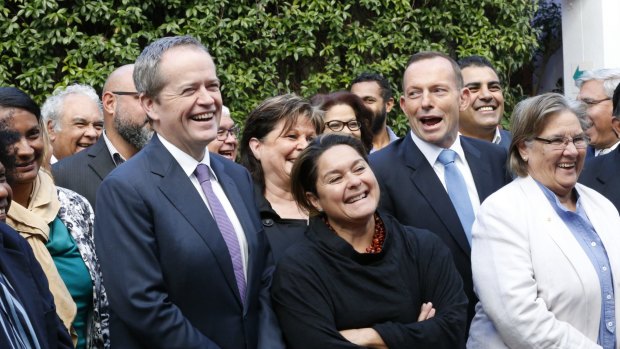 Bill Shorten and  Tony Abbott with Indigenous leaders before their talks in Kirribilli, Sydney, on Monday.