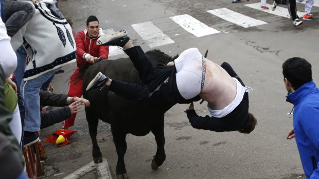 Tossed: Benjamin Miller is caught by the bull and flung through the air.