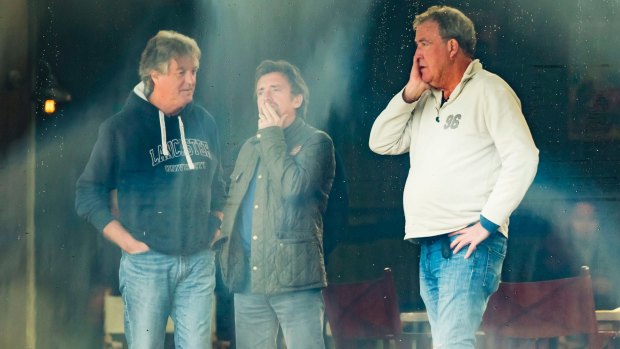 Presenters, from left, James May, Richard Hammond and Jeremy Clarkson on the set of their new show <i>The Grand Tour</i>.