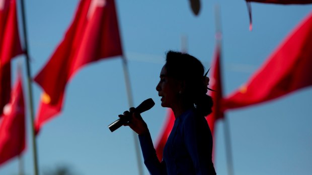 Aung San Suu Kyi speaks during a campaign rally for her National League for Democracy party in Thandwe, Myanmar, in 2015.