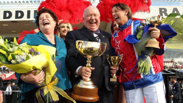 Winners are grinners: Kerryn Manning (right) celebrates with Meg and Mev Butterworth after winning the NZ Trotting Cup.