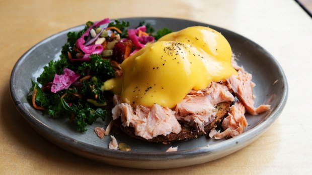 Eggs benedict with hollandaise and smoked trout.