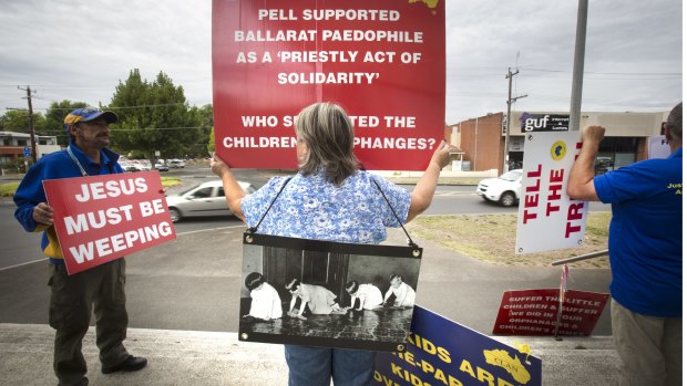 Protesters outside Ballarat Magistrate's Court before the Royal Commission into Institutional Responses to Child Sexual Abuse this week.
