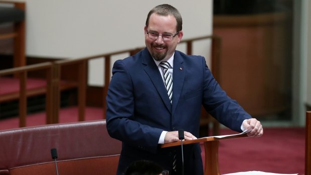 Ricky Muir delivers his first speech to the Senate in March 2015.