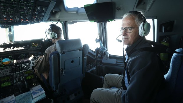 Prime Minister Malcolm Turnbull on the flightdeck of a C-17 Globemaster during a visit to the Middle East.