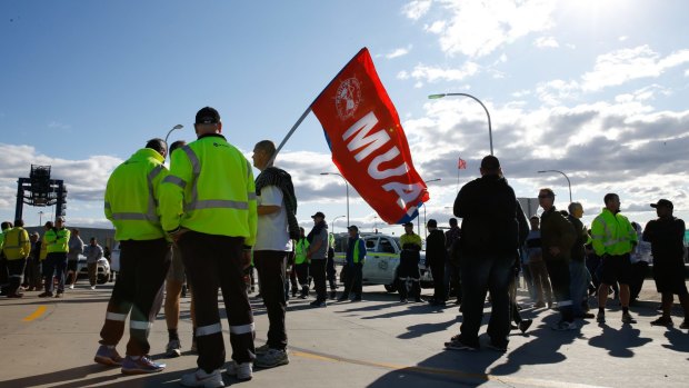 Hutchison Ports Australia's workers gather at Port Botany in Sydney last week.