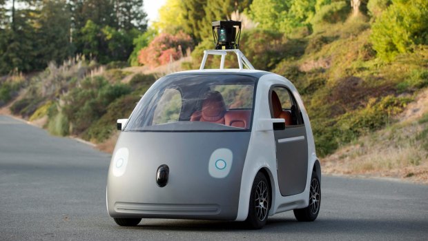 A prototype of a Google self-driving car, in Mountain View, California in 2014. The company is building cars without steering wheels, accelerator pedals or brake pedals.
