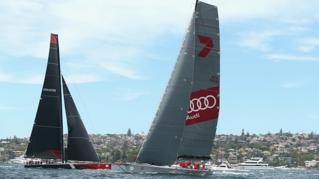 Super-maxi Comanche and Super-maxi Wild Oats XI at the start of the 2015 Sydney to Hobart yacht race.