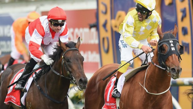 Oh yeah: Michael Walker show his delight at Criterion’s Caulfield Stakes win