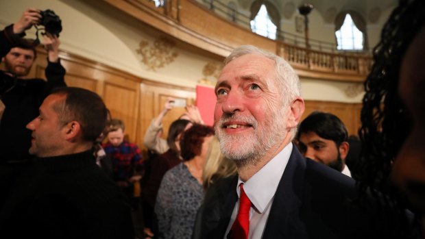 Jeremy Corbyn, leader of the UK opposition Labour Party, after delivering his first campaign speech of the 2017 general election in London.