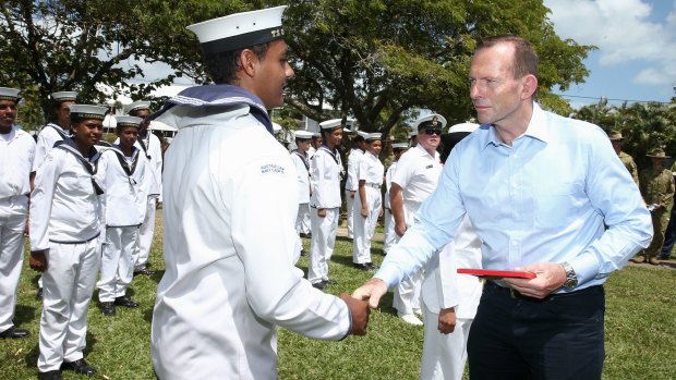 Prime Minister Tony Abbott greets navy cadets on Thursday Island on Tuesday. 