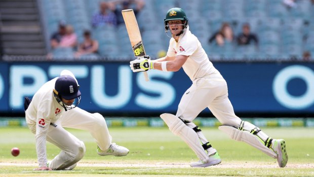 Slow accumulation: Steve Smith gets one past Mark Stoneman of England.