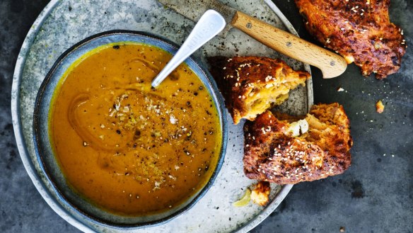 Garlicky sweet potato and chickpea soup served with spiced red onion and feta scones.