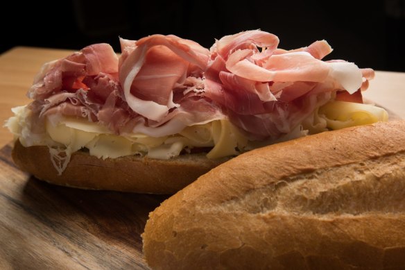 A Rocco Roll with ruffles of prosciutto.