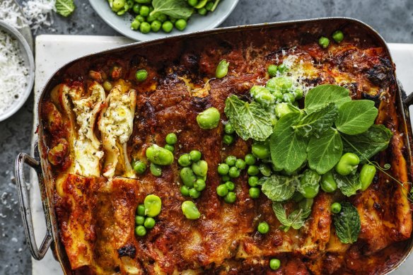 Welcome spring with Karen Martini's ricotta cannelloni with peas and broad beans.