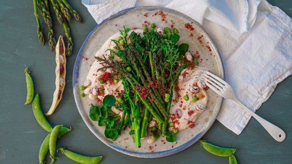 Cod roe dip with fresh and charred greens.