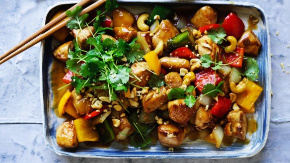 Chicken stir-fry with colourful capsicums and cashew nuts.