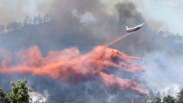 A firefighting plane drops fire retardant over a forest in the outskirts of La Londe-les-Maures on the French Riviera.