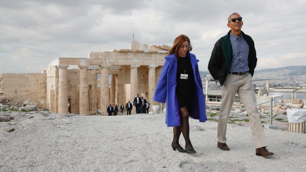 US President Barack Obama tours the Acropolis with Dr Eleni Banou, director of Ephorate of Antiquities for Athens.