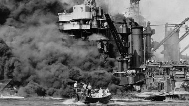 A 1941 photo of the USS West Virginia in Pearl Harbour, Hawaii, after Japanese aircraft attacked.