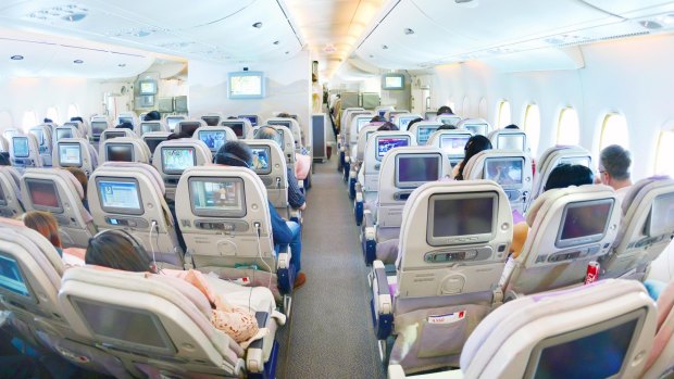 Economy class in an Emirates Airbus A380.
