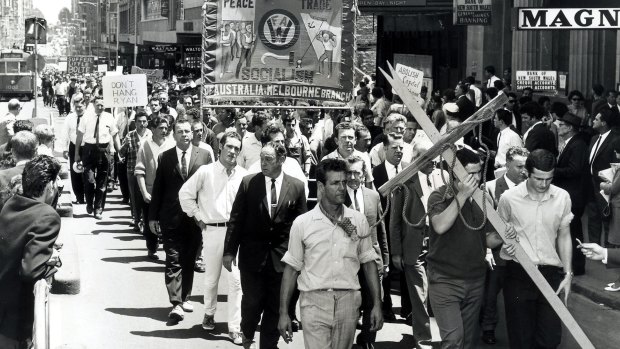 Waterside workers, among others, march to Parliament House to protest against the state governments decision to hang convicted murderer Ronald Joseph Ryan.