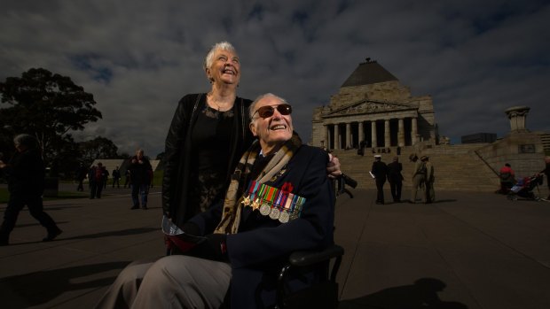 WWII veteran Les Wilkins with wife Gwen at the Shrine of Remembrance.