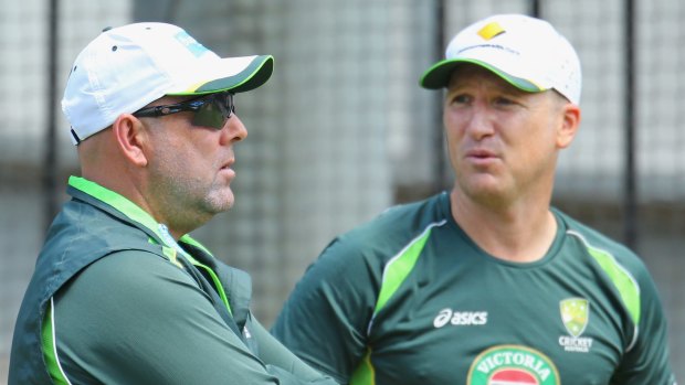 Australian cricket coach Darren Lehmann (left) with Brad Haddin.