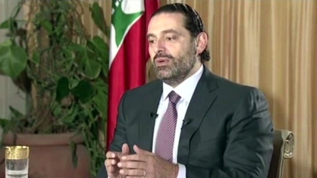 Lebanon's Prime Minister Saad Hariri speaking on TV from Riyadh, Saudi Arabia, on Sunday.
