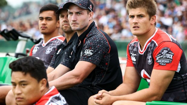 Kieran Foran of the Warriors looks on from the bench during the NRL Trial match.