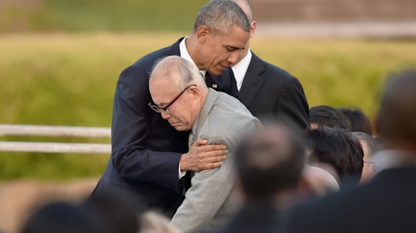 US President Barack Obama embraces atomic bomb survivor Shigeaki Mori during his visit to the Hiroshima Peace Memorial Park on Friday.
