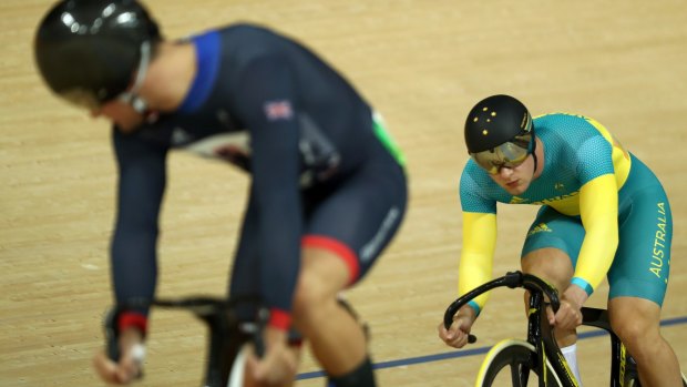 Callum Skinner (front) of Great Britain and Patrick Constable (back) of Australia compete in the Men's Sprint. Skinner won one gold and one silver medal at the Games.