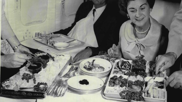 A more civilised age: Qantas meal service in 1967.