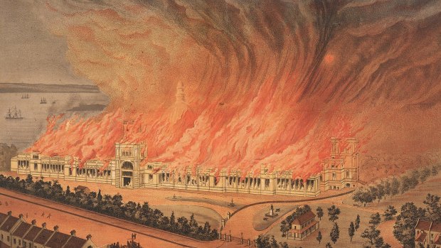 Up in flames ... A contemporary image of the Garden Palace burning.