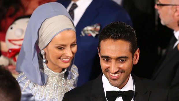 Waleed Aly and Susan Carland arrive at the Logies. Aly paid tribute to his wife in his Gold Logie acceptance speech.