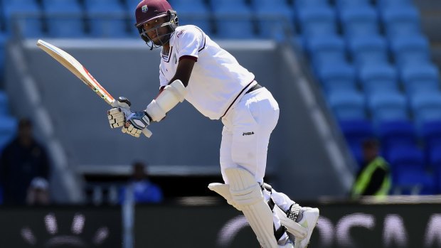 West Indies' opener Kraigg Brathwaite hits a boundary during his knock of 94 in the second innings. He was one of only three to reach double figures.