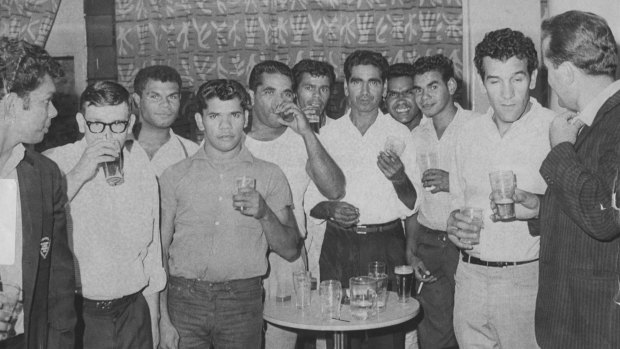 Charles Perkins (second from right) and his Freedom Riders visit the Burlington Hotel in Haymarket. 