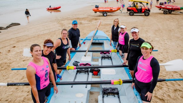 Gary Pettigrove, pictured back left, with the Broulee Canberra capitals competed in the George Bass surfboat and ski marathon early this year. 