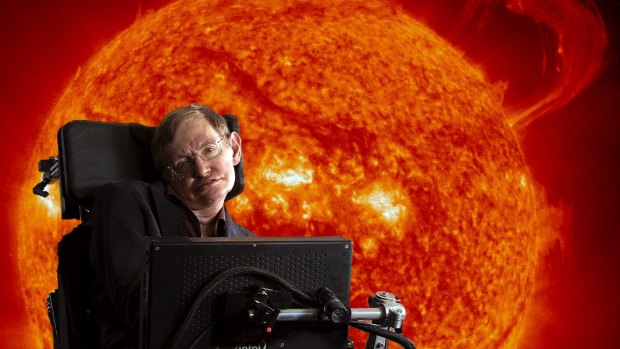 Stephen Hawking in front of the sun with coronal mass ejections.
