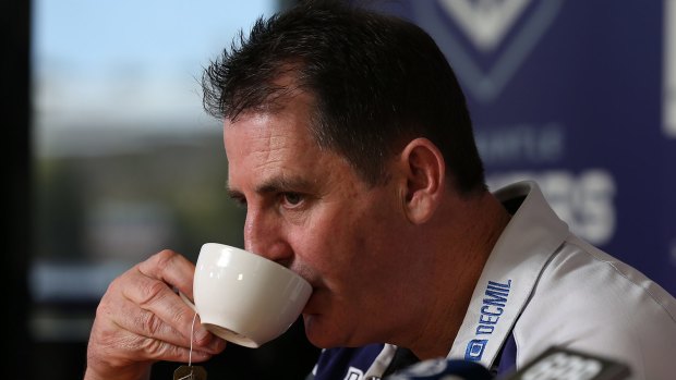 Fremantle coach Ross Lyon enjoying a cuppa.