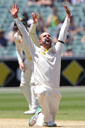 Nathan Lyon appeals for a decision from umpire Ian Gould on day two of the Adelaide Test.